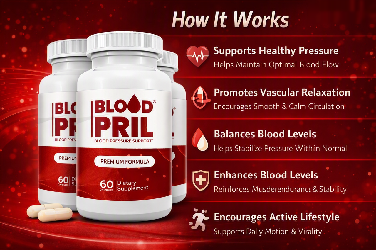 How Bloodpril works — supports healthy pressure, promotes vascular relaxation, balances blood levels, encourages active lifestyle